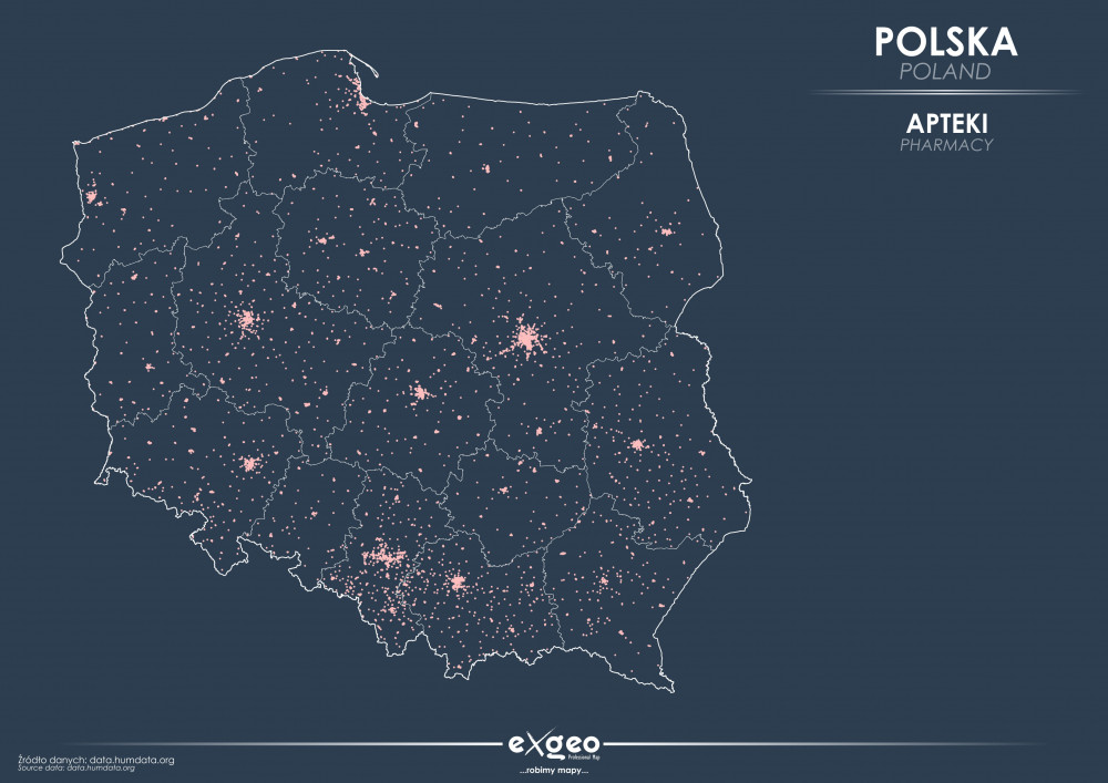 Polska, mapa, służba zdrowia, apteki, framacja, exgeo, kartografia
